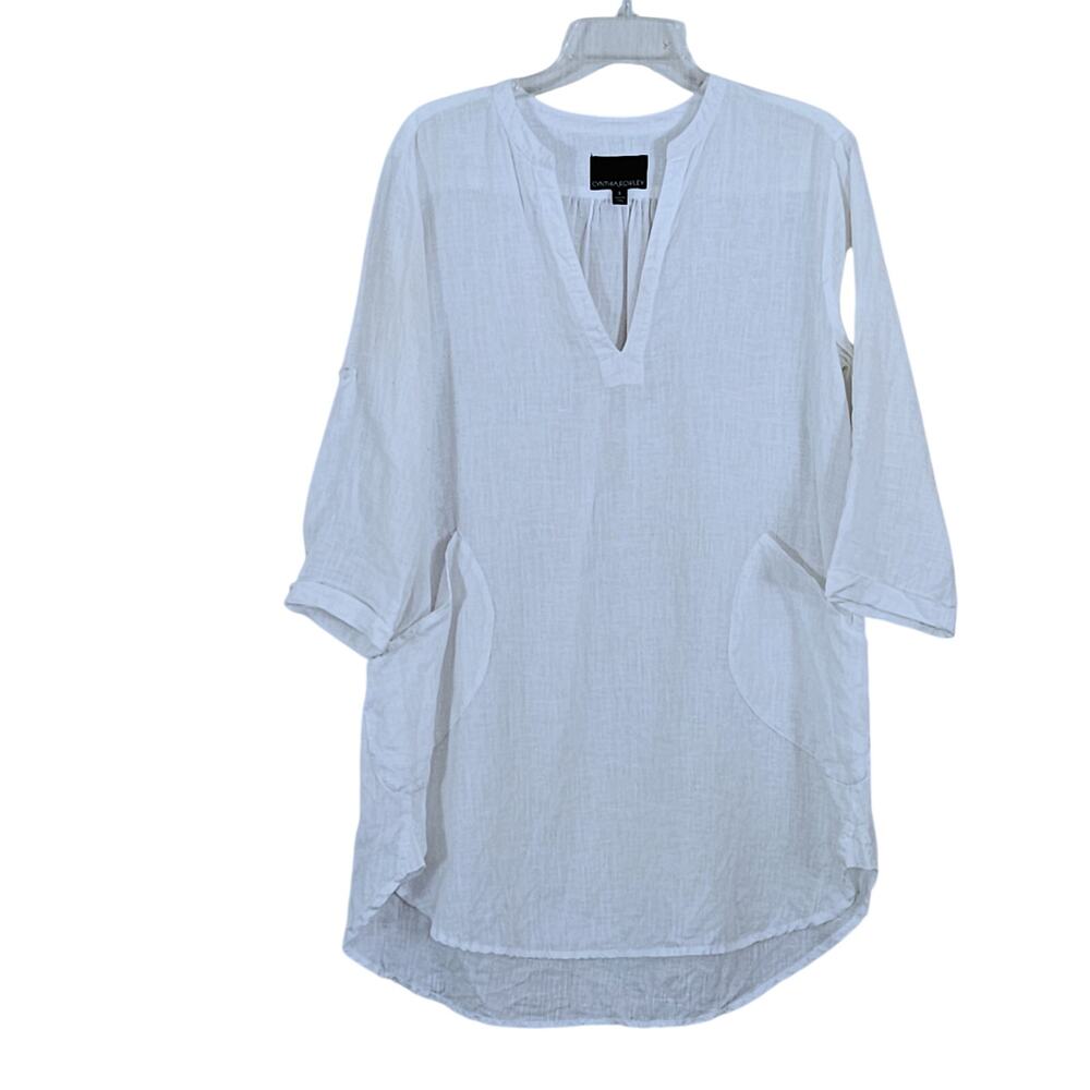 Cynthia Rowley Linen White Beach Coverup Roll Tab Sleeves Sz S EUC